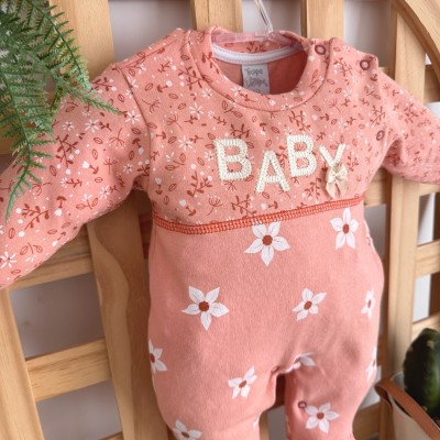 Macacão Malha Trape Zape - Baby Flores Brancas - Salmão